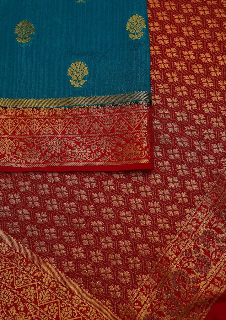 Turquoise Blue Zariwork Raw Silk Designer Saree - koskii