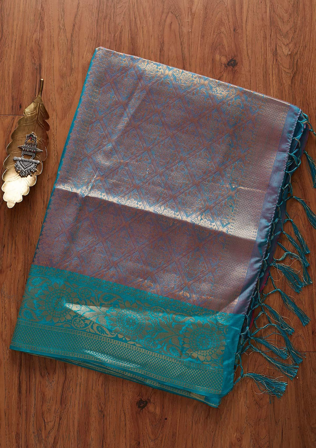 Turquoise Blue Zariwork Raw Silk Designer Saree - koskii