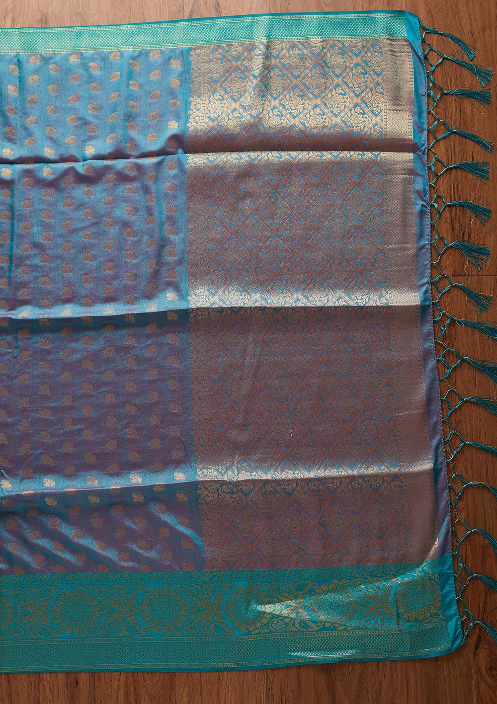 Turquoise Blue Zariwork Raw Silk Designer Saree - koskii