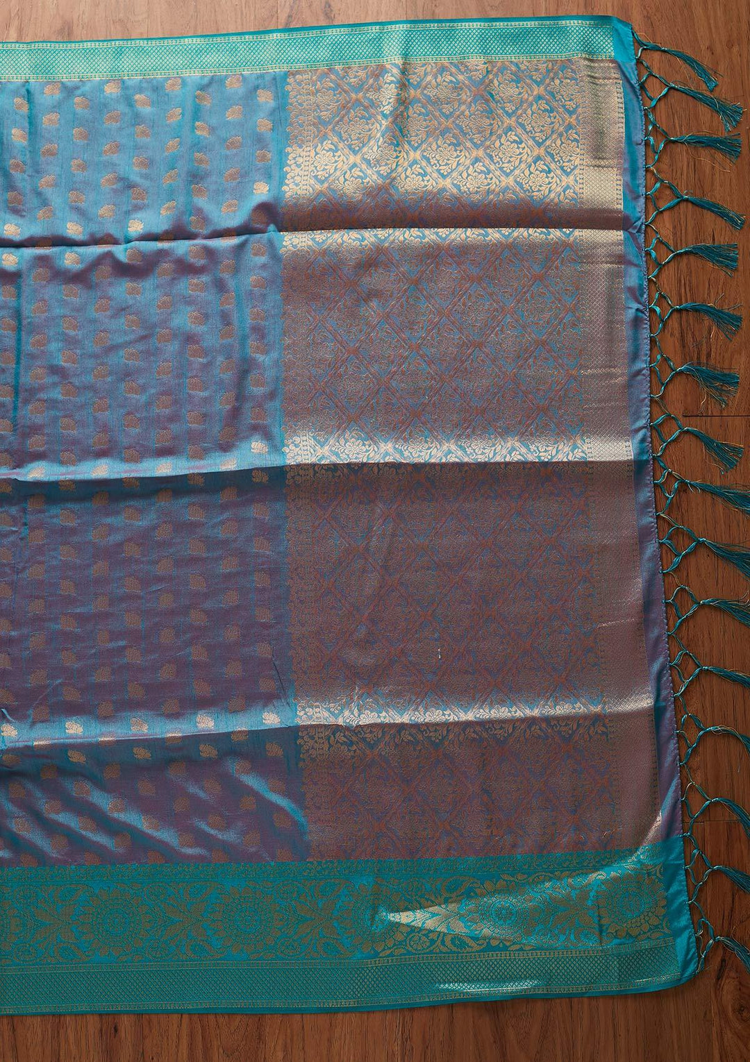 Turquoise Blue Zariwork Raw Silk Designer Saree - koskii