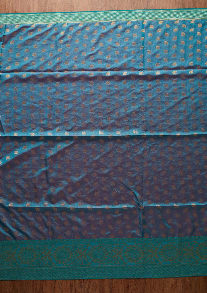 Turquoise Blue Zariwork Raw Silk Designer Saree - koskii