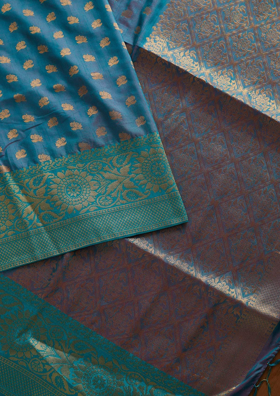 Turquoise Blue Zariwork Raw Silk Designer Saree - koskii