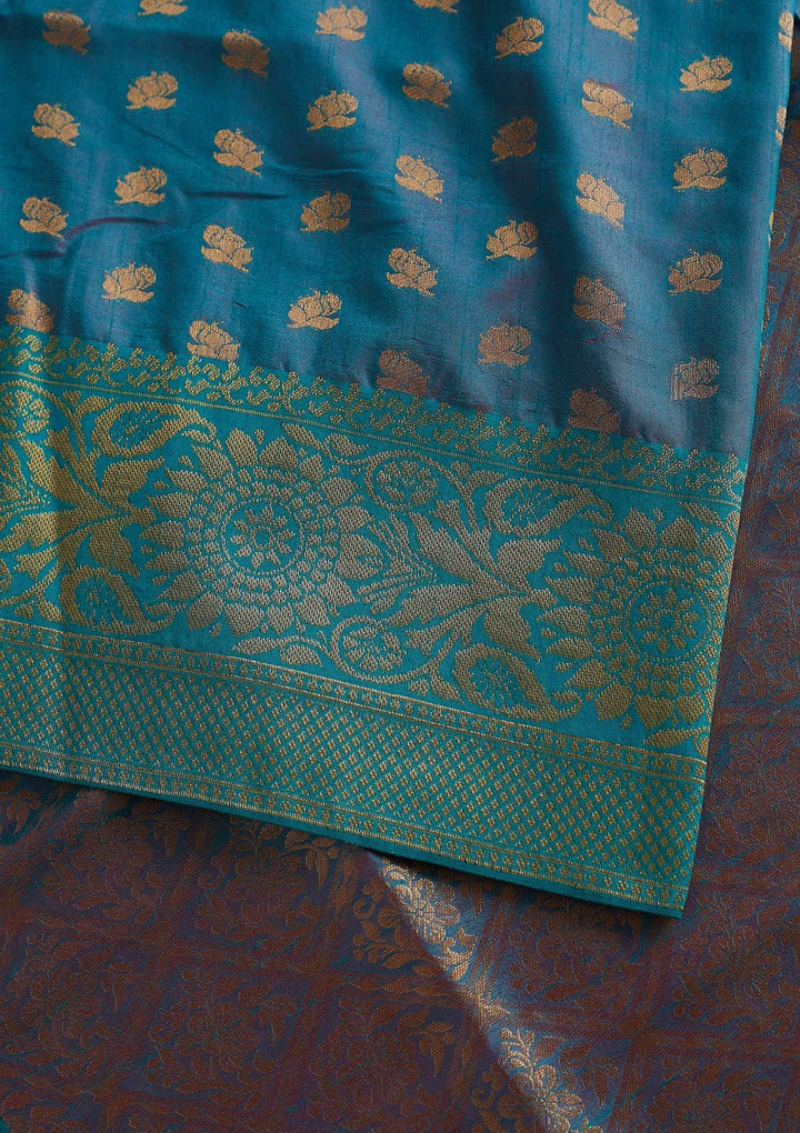 Turquoise Blue Zariwork Raw Silk Designer Saree - koskii