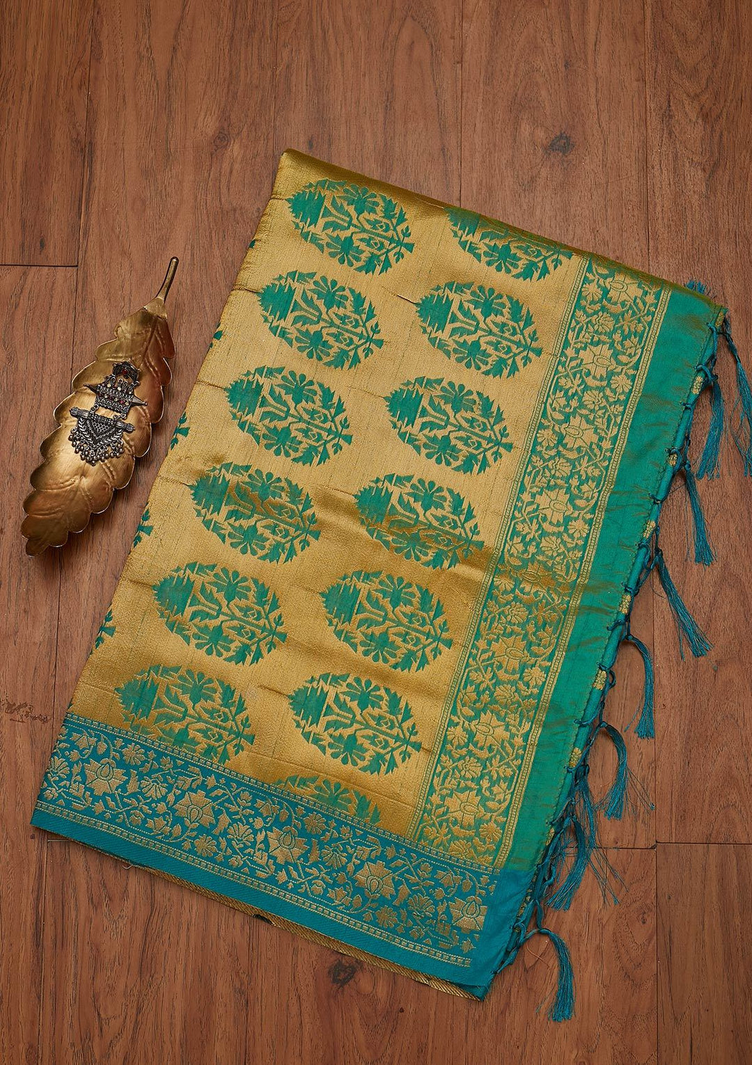 Turquoise Blue Zariwork Raw Silk Designer Saree - koskii