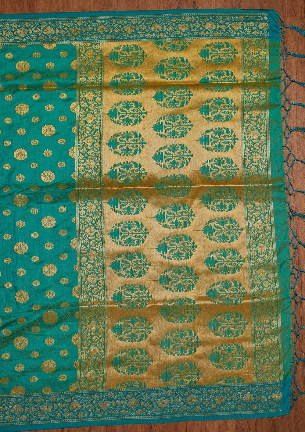 Turquoise Blue Zariwork Raw Silk Designer Saree - koskii