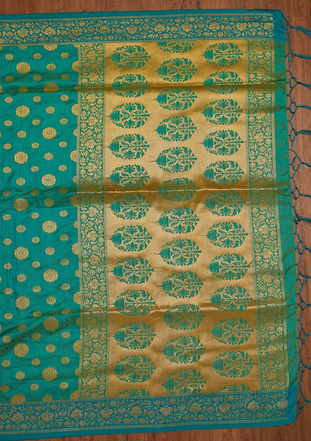 Turquoise Blue Zariwork Raw Silk Designer Saree - koskii