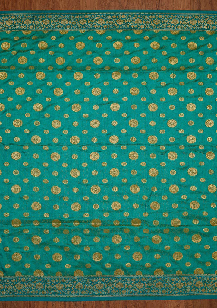 Turquoise Blue Zariwork Raw Silk Designer Saree - koskii