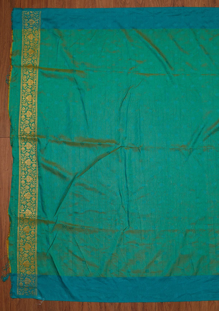 Turquoise Blue Zariwork Raw Silk Designer Saree - koskii