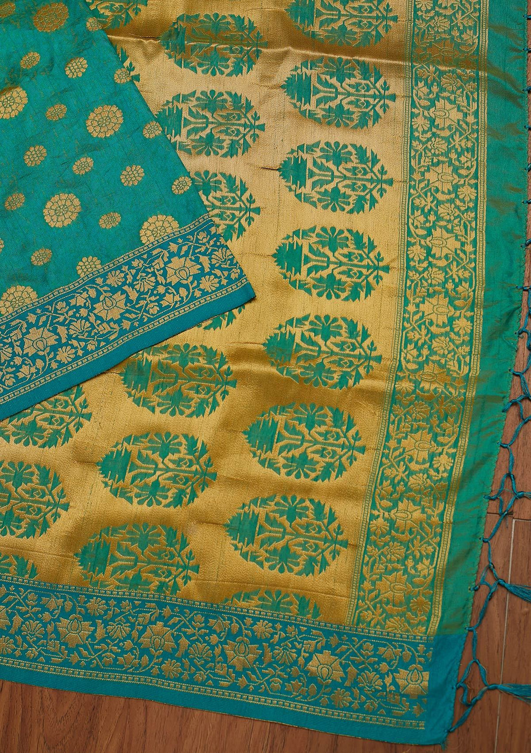 Turquoise Blue Zariwork Raw Silk Designer Saree - koskii