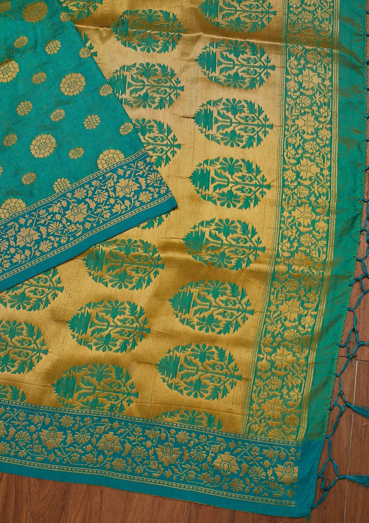 Turquoise Blue Zariwork Raw Silk Designer Saree - koskii