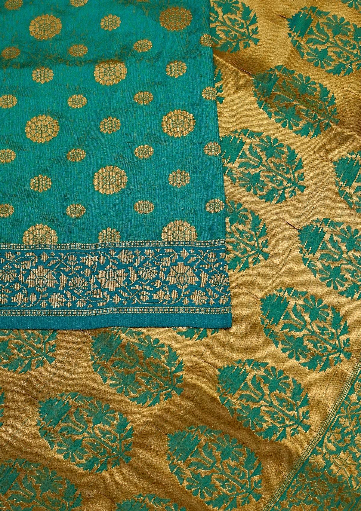 Turquoise Blue Zariwork Raw Silk Designer Saree - koskii