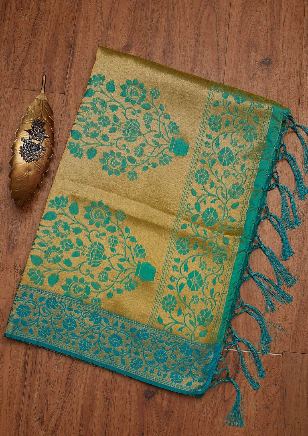 Turquoise Blue Zariwork Raw Silk Designer Saree - koskii
