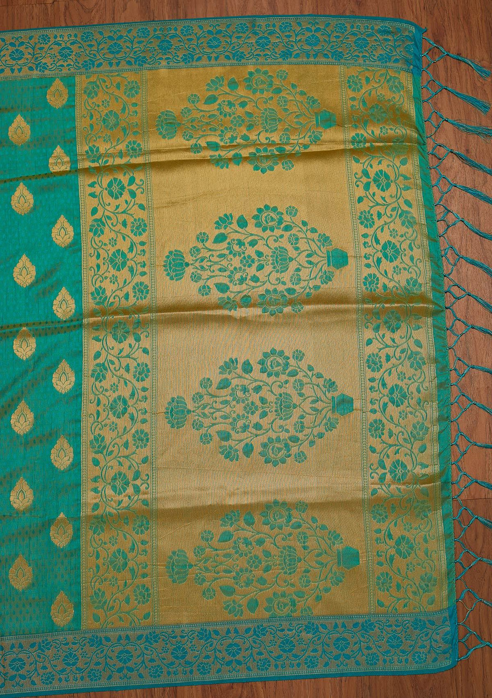 Turquoise Blue Zariwork Raw Silk Designer Saree - koskii
