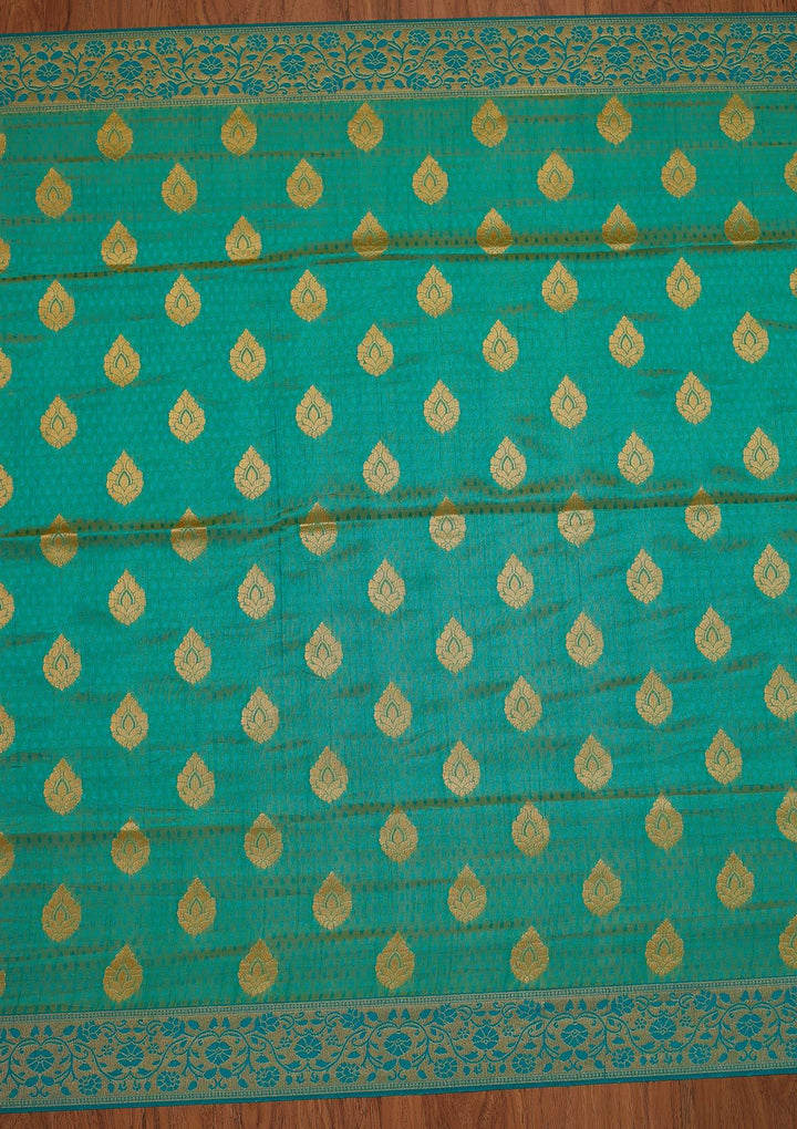 Turquoise Blue Zariwork Raw Silk Designer Saree - koskii