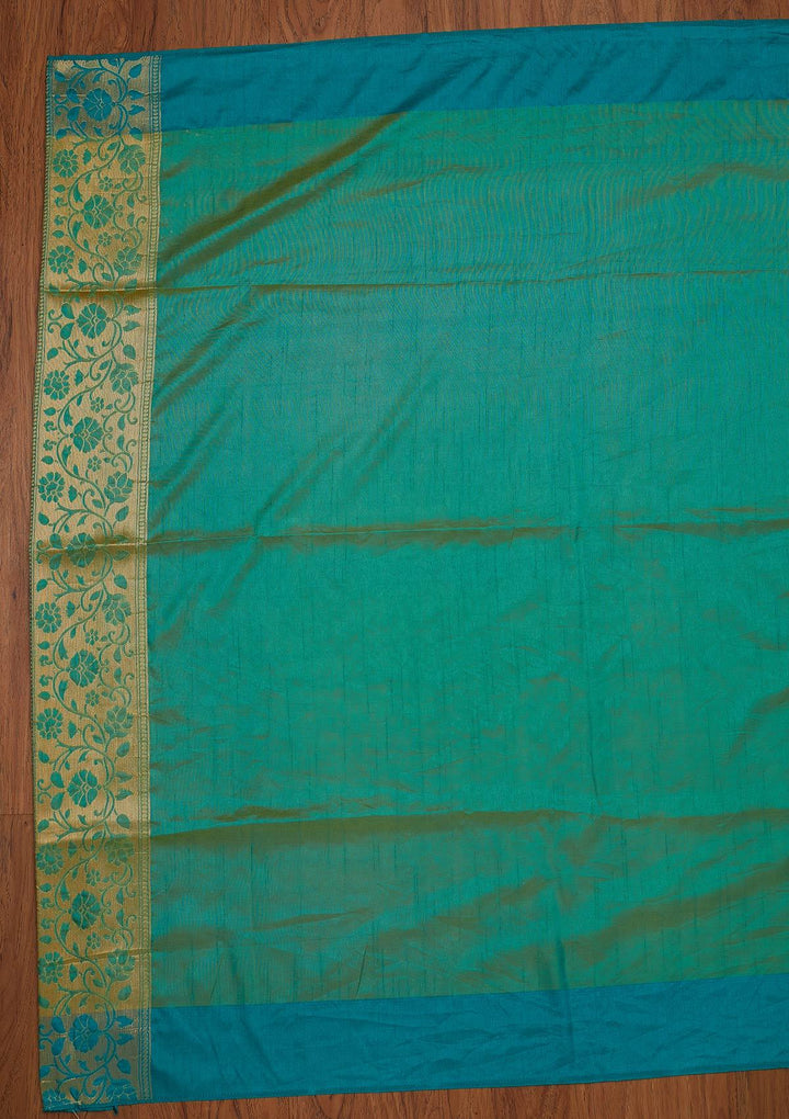Turquoise Blue Zariwork Raw Silk Designer Saree - koskii
