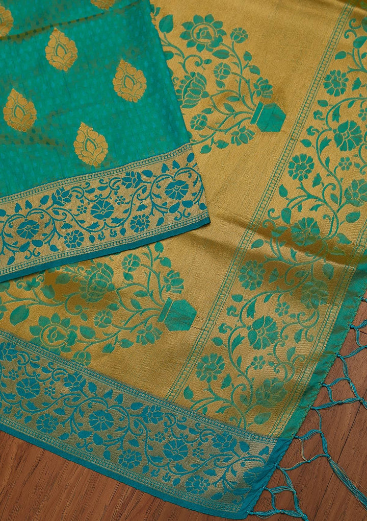 Turquoise Blue Zariwork Raw Silk Designer Saree - koskii