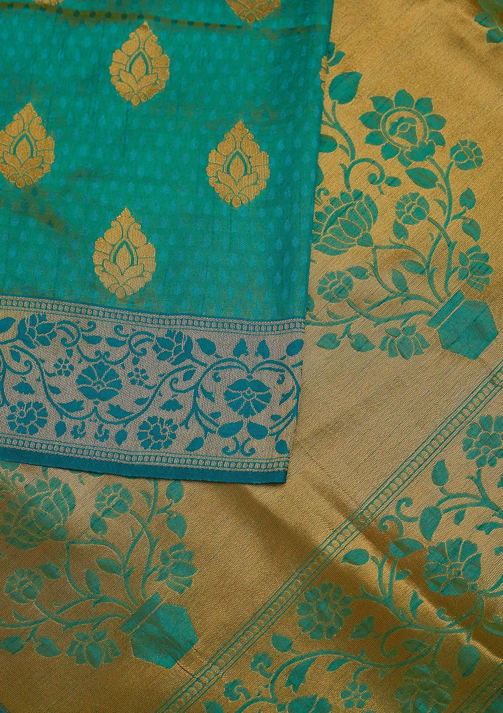 Turquoise Blue Zariwork Raw Silk Designer Saree - koskii