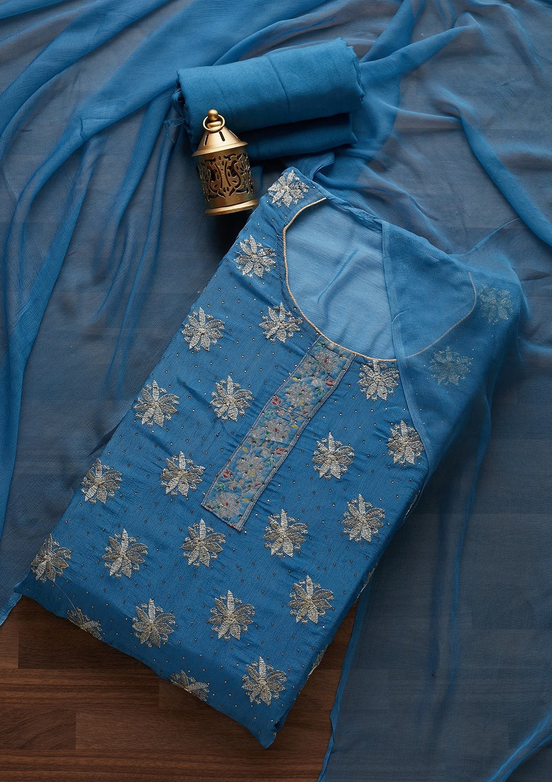 Turquoise Blue Zariwork Semi Crepe Unstitched Salwar Suit - Koskii