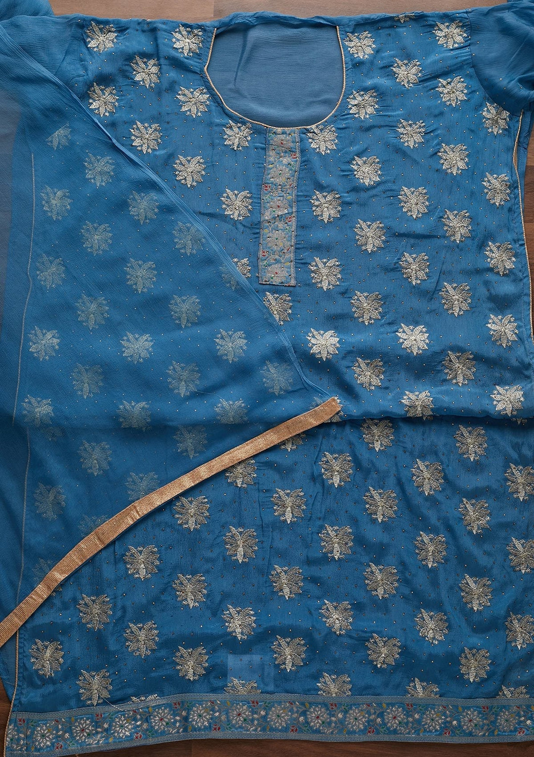 Turquoise Blue Zariwork Semi Crepe Unstitched Salwar Suit - Koskii