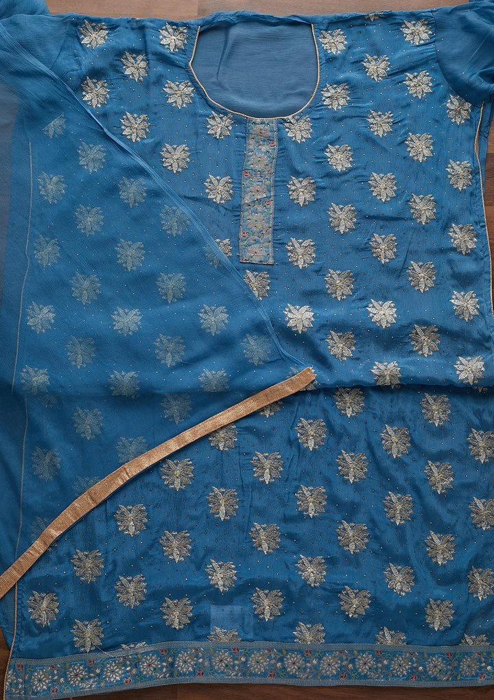 Turquoise Blue Zariwork Semi Crepe Unstitched Salwar Suit - Koskii