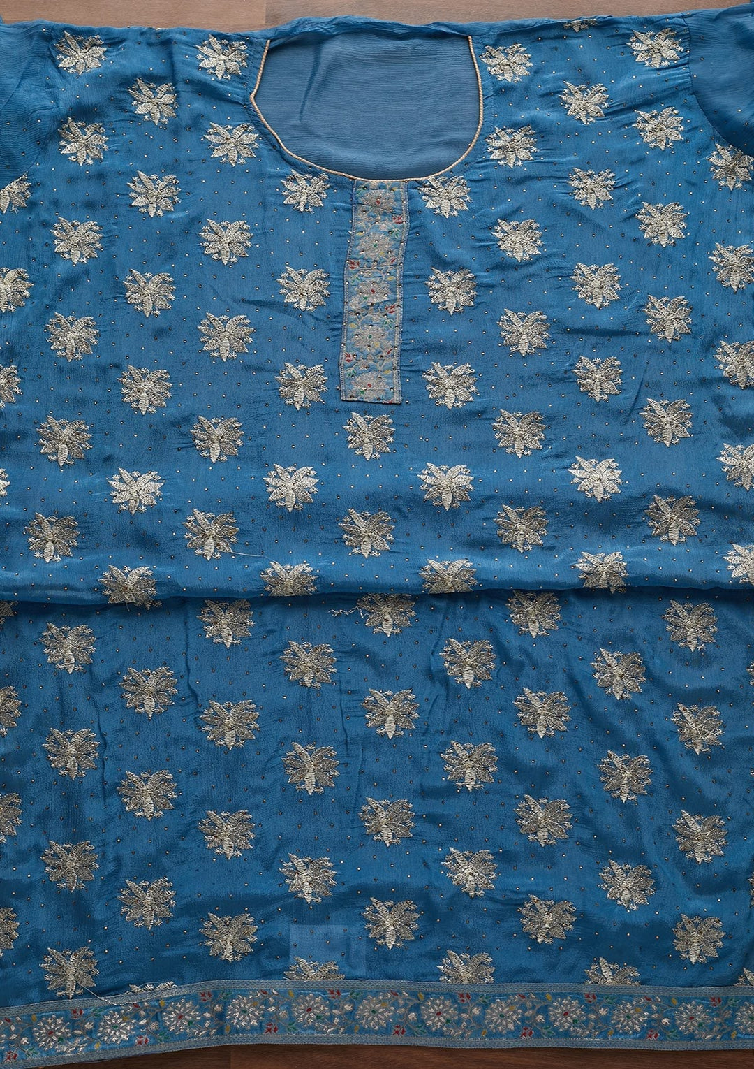 Turquoise Blue Zariwork Semi Crepe Unstitched Salwar Suit - Koskii