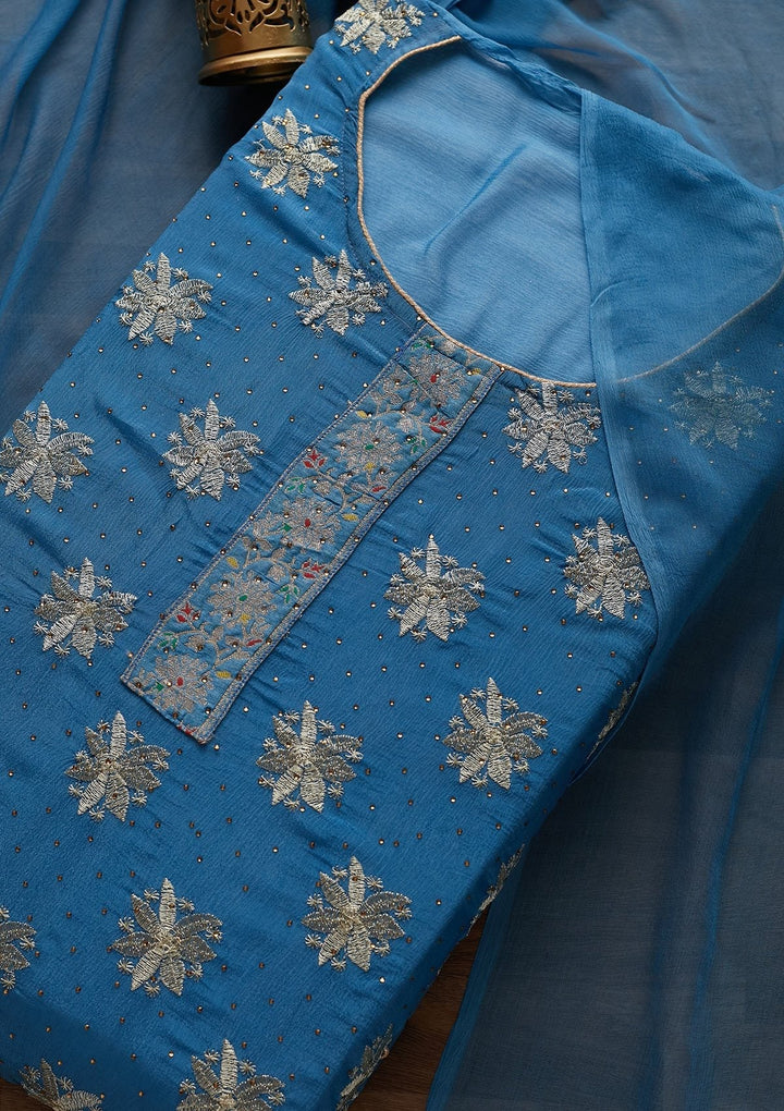 Turquoise Blue Zariwork Semi Crepe Unstitched Salwar Suit - Koskii
