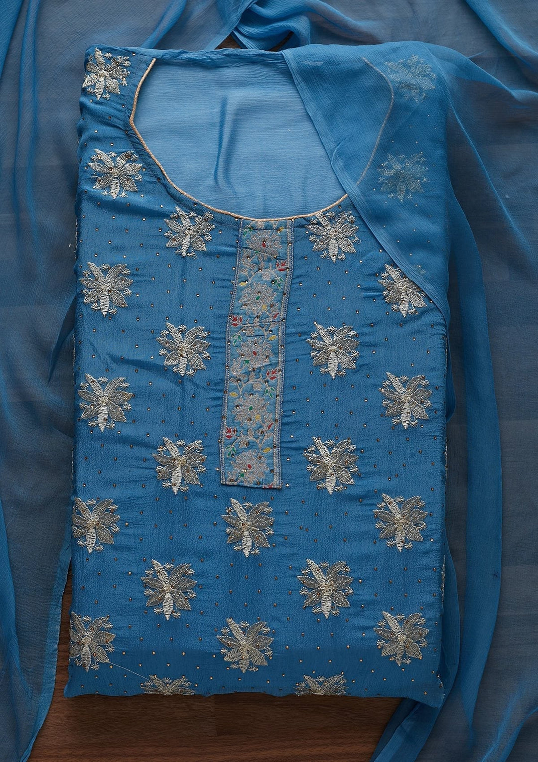 Turquoise Blue Zariwork Semi Crepe Unstitched Salwar Suit - Koskii