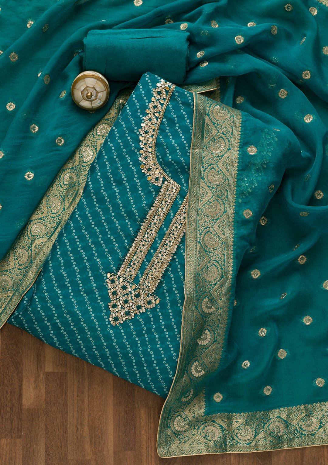 Turquoise Blue Cutdana Tissue Unstitched Salwar Kameez-Koskii