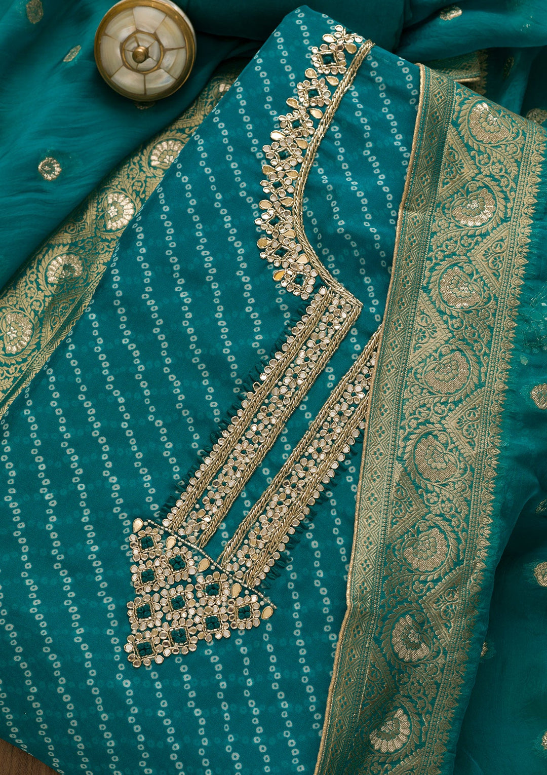 Turquoise Blue Cutdana Tissue Unstitched Salwar Kameez-Koskii