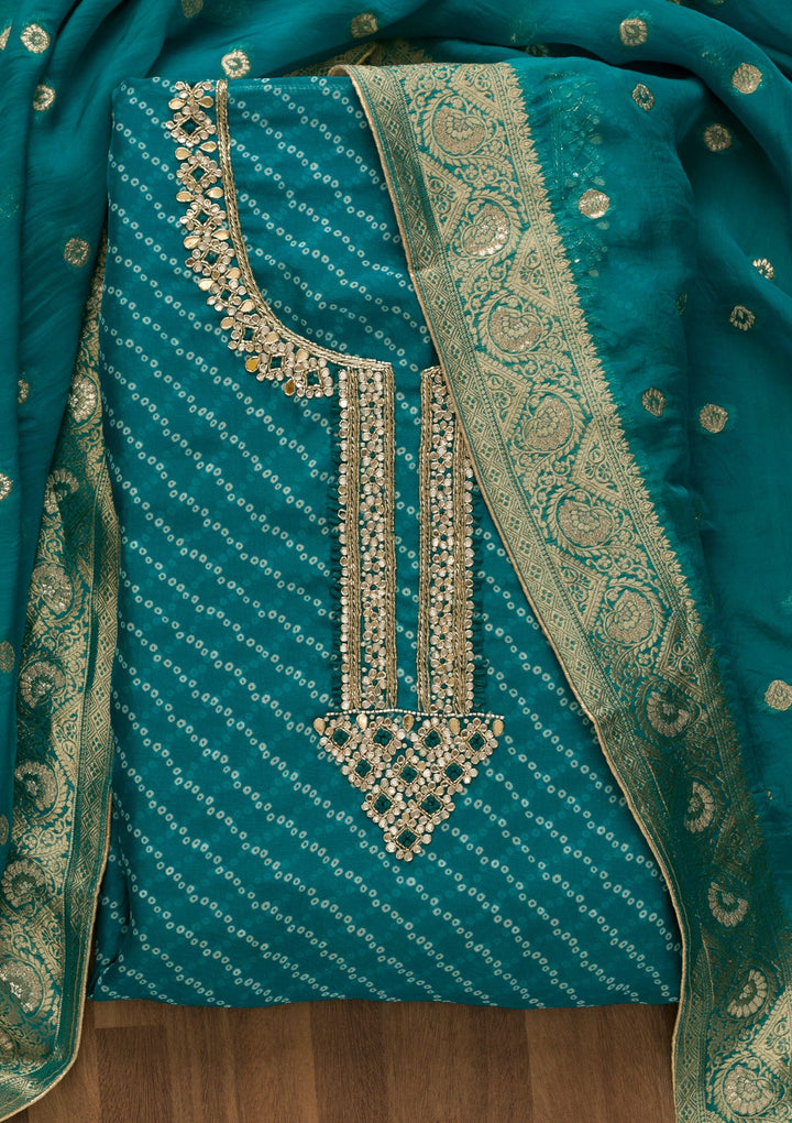 Turquoise Blue Cutdana Tissue Unstitched Salwar Kameez-Koskii