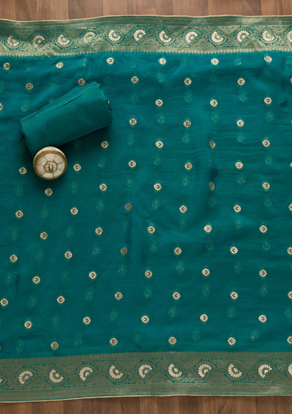Turquoise Blue Cutdana Tissue Unstitched Salwar Kameez-Koskii