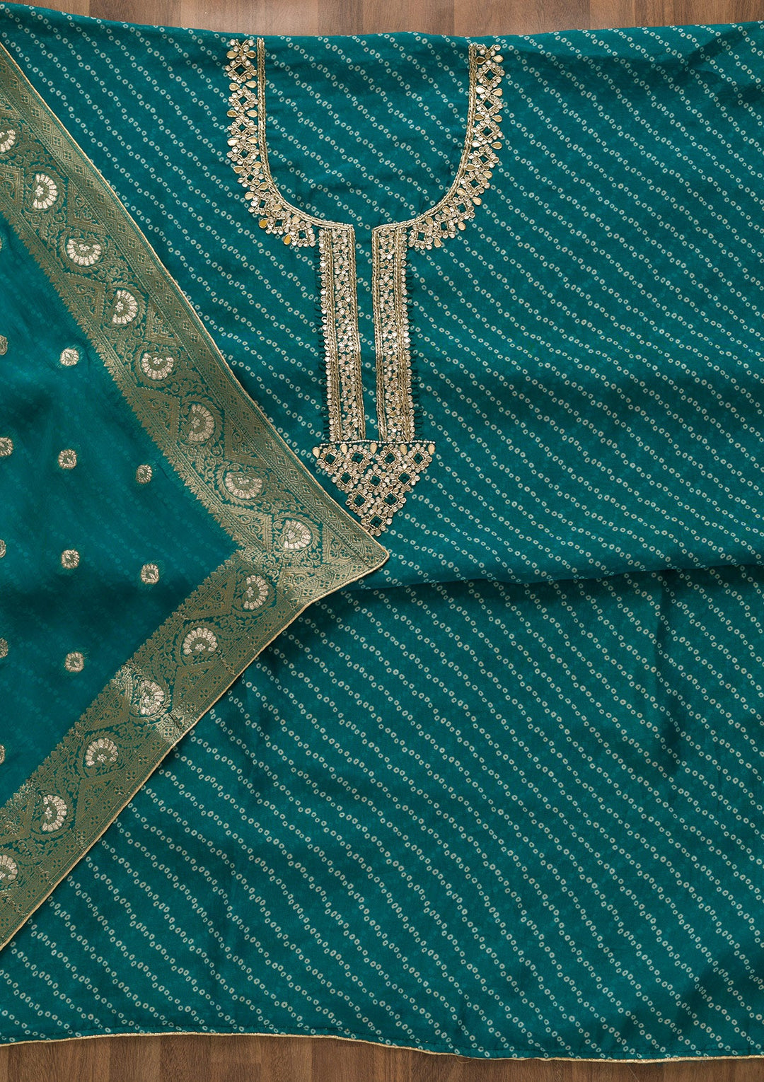 Turquoise Blue Cutdana Tissue Unstitched Salwar Kameez-Koskii