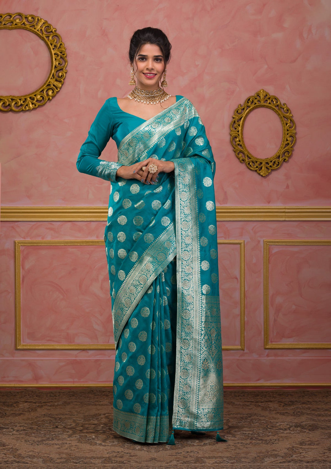 Turquoise Blue Swarovski Art Silk Saree-Koskii