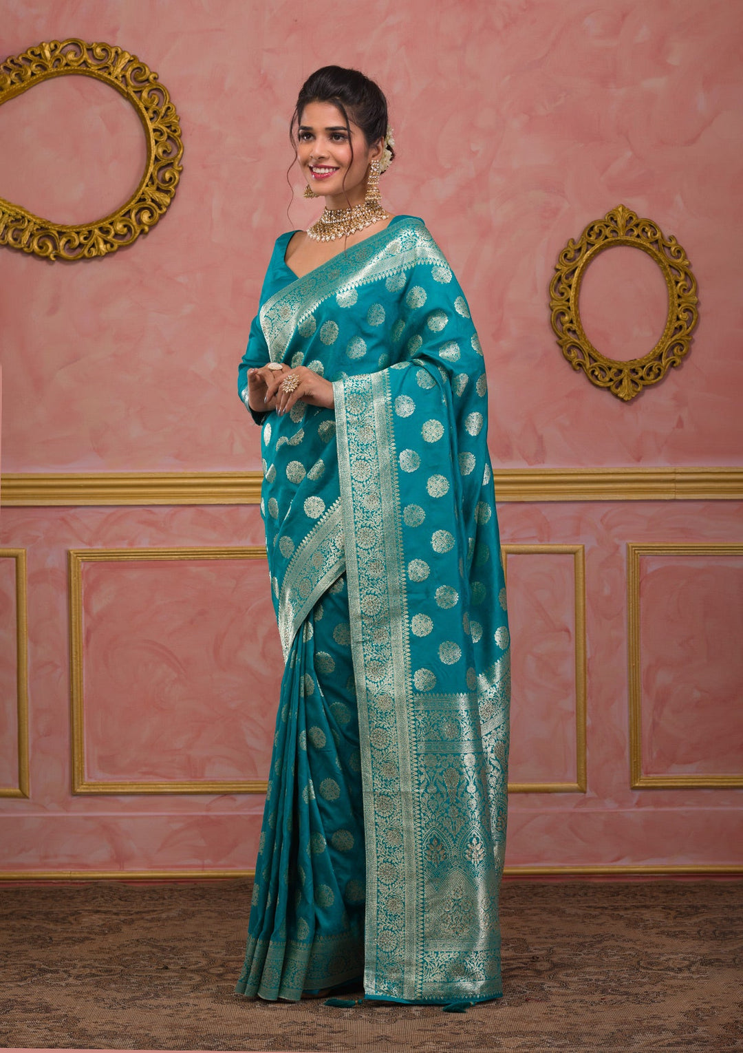 Turquoise Blue Swarovski Art Silk Saree-Koskii