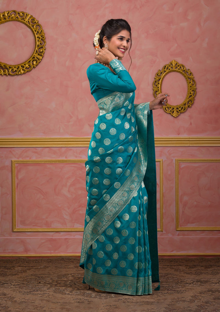 Turquoise Blue Swarovski Art Silk Saree-Koskii
