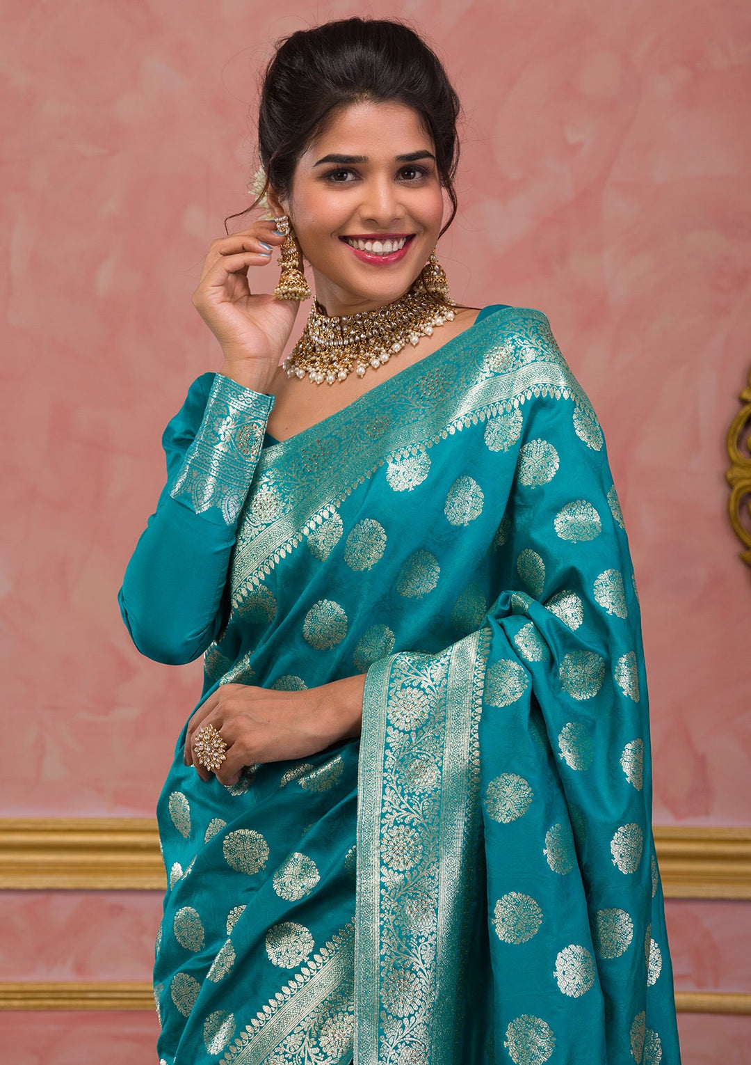 Turquoise Blue Swarovski Art Silk Saree-Koskii