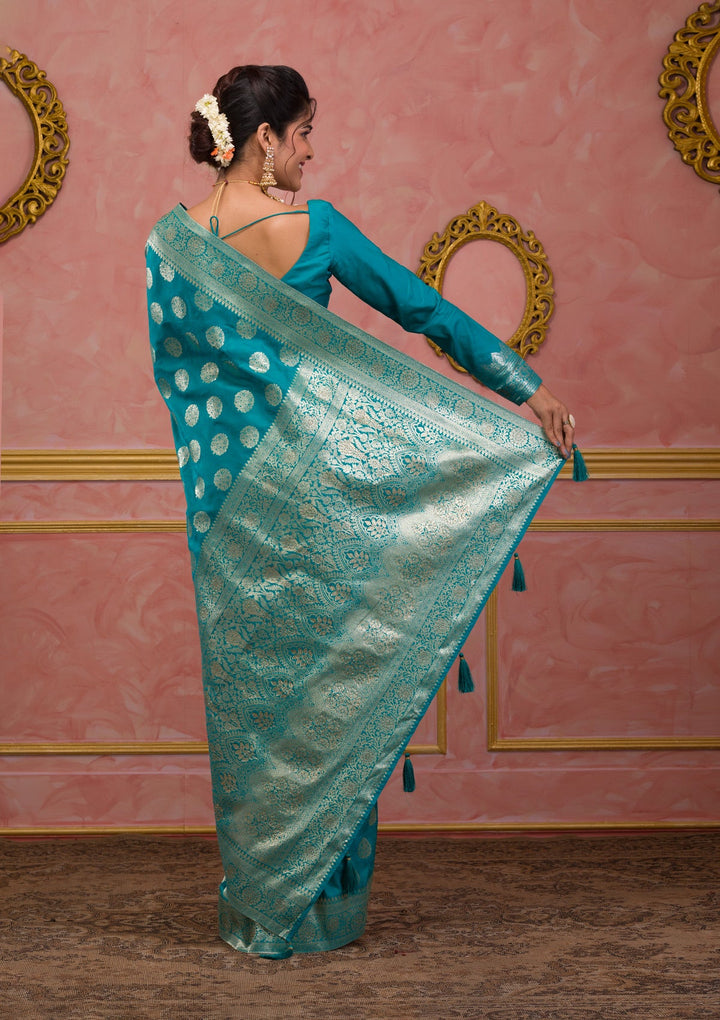 Turquoise Blue Swarovski Art Silk Saree-Koskii