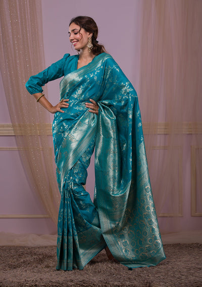 Turquoise Blue Swarovski Banarasi Saree-Koskii