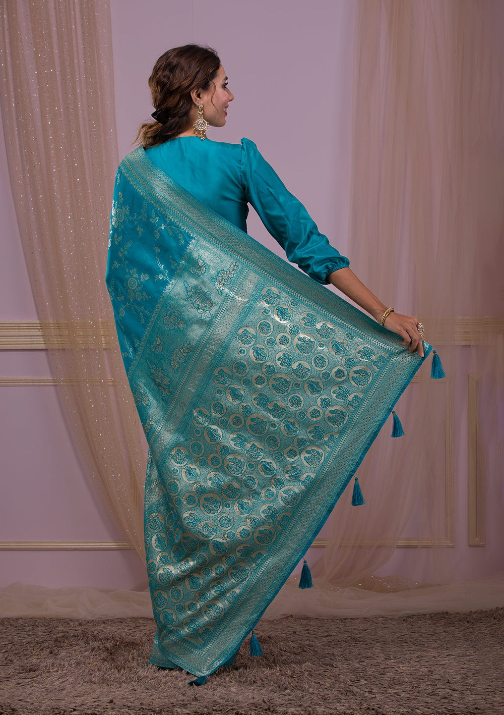 Turquoise Blue Swarovski Banarasi Saree-Koskii