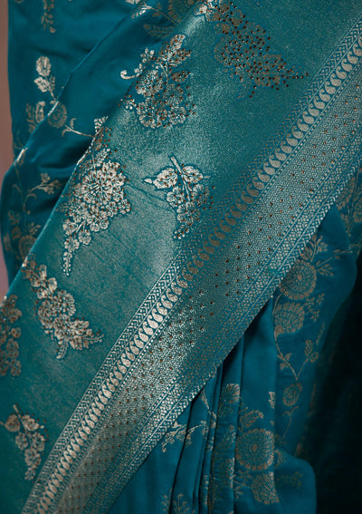 Turquoise Blue Swarovski Banarasi Saree-Koskii