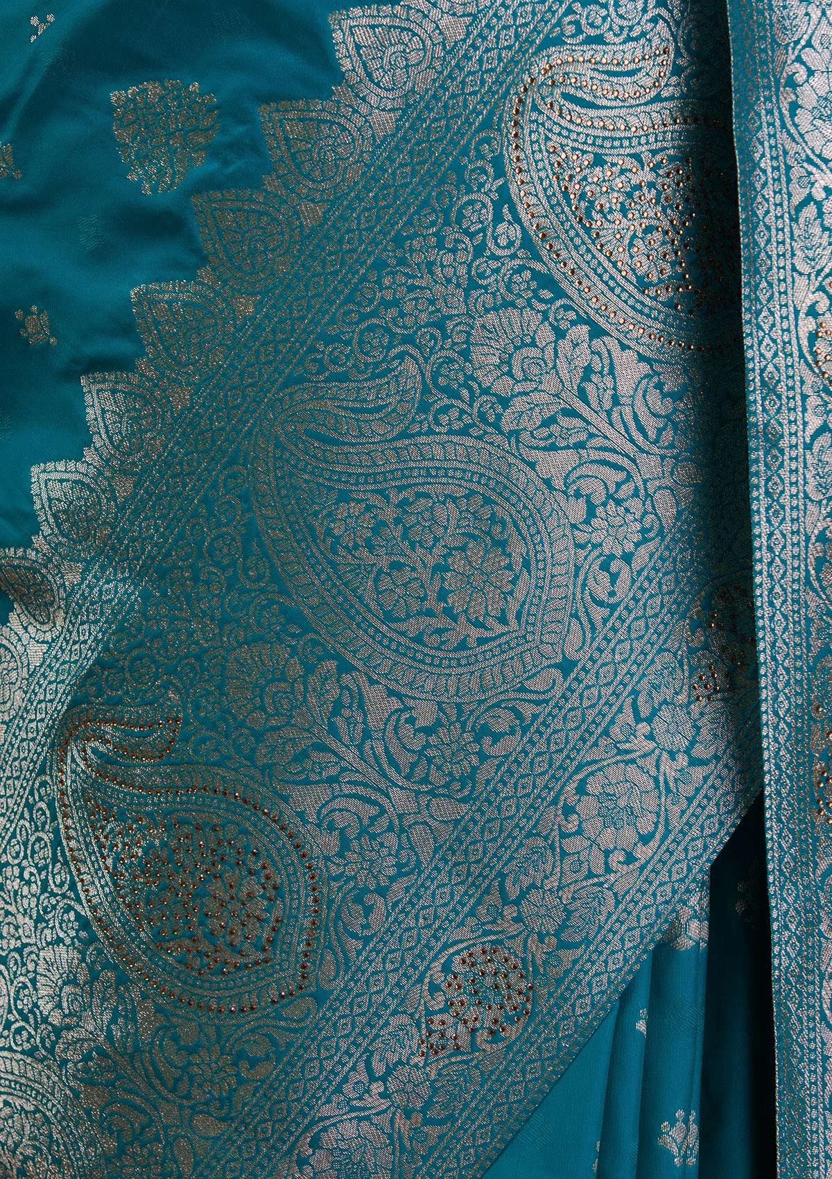 Turquoise Blue Swarovski Brocade Saree-Koskii