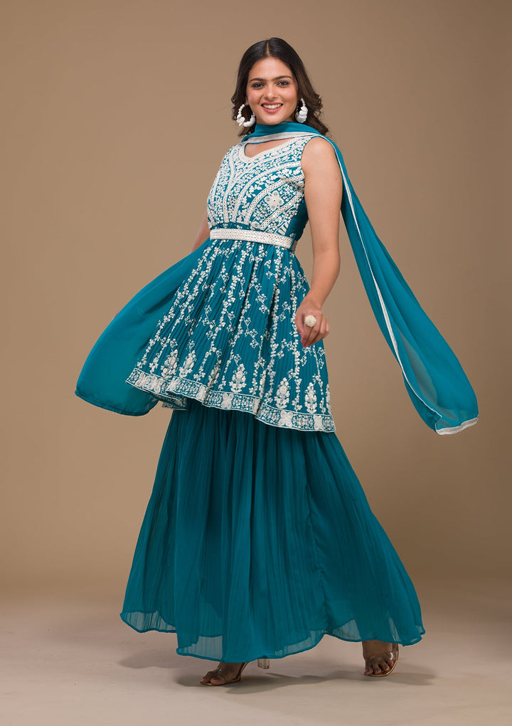 Turquoise Blue Threadwork Georgette Readymade Salwar Kameez-Koskii
