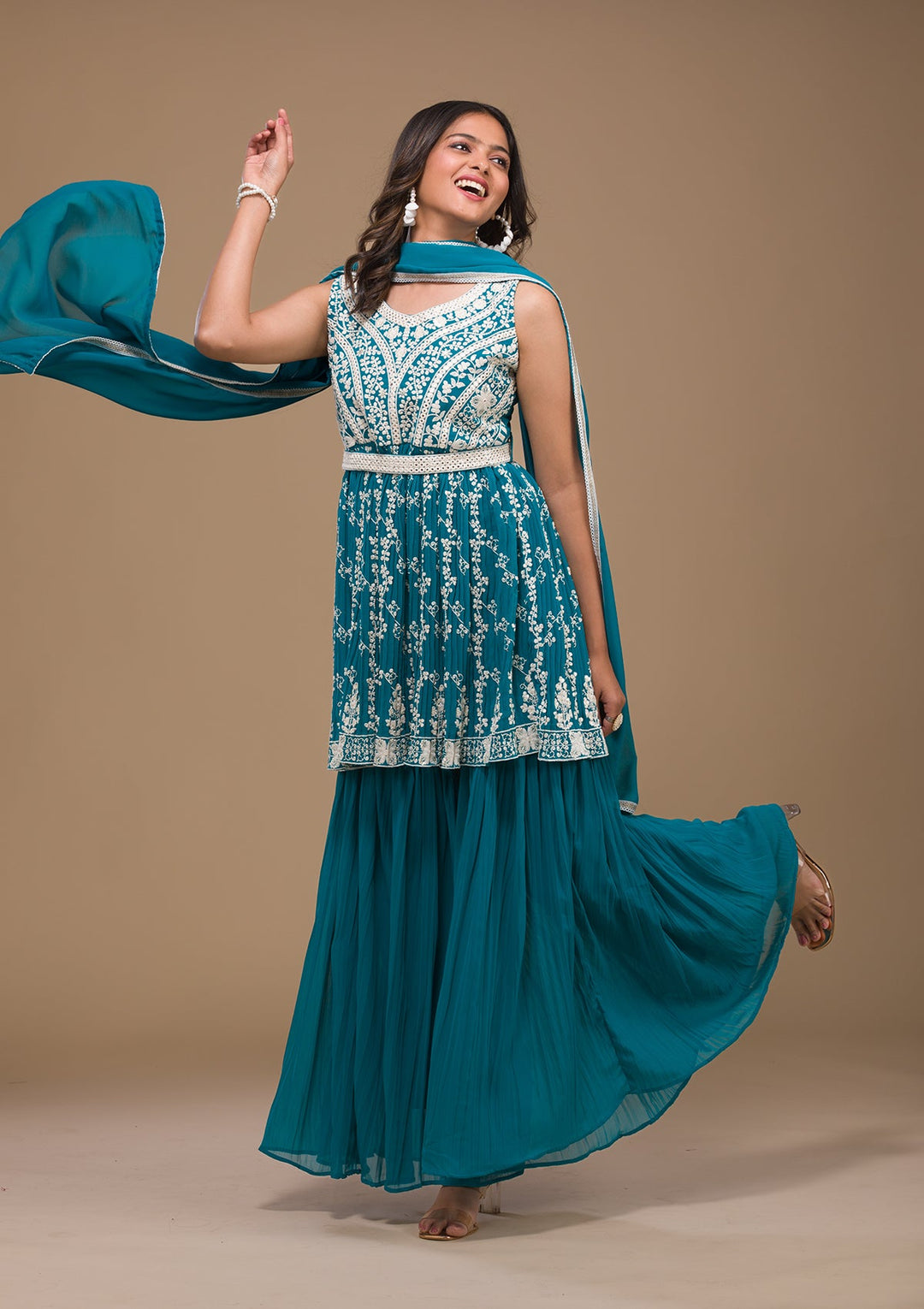 Turquoise Blue Threadwork Georgette Readymade Salwar Kameez-Koskii