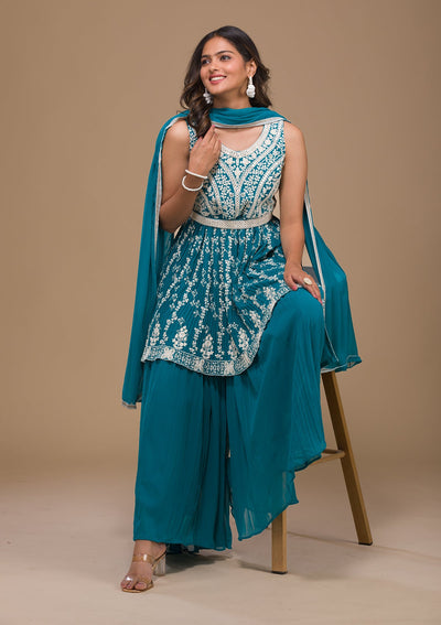 Turquoise Blue Threadwork Georgette Readymade Salwar Kameez-Koskii