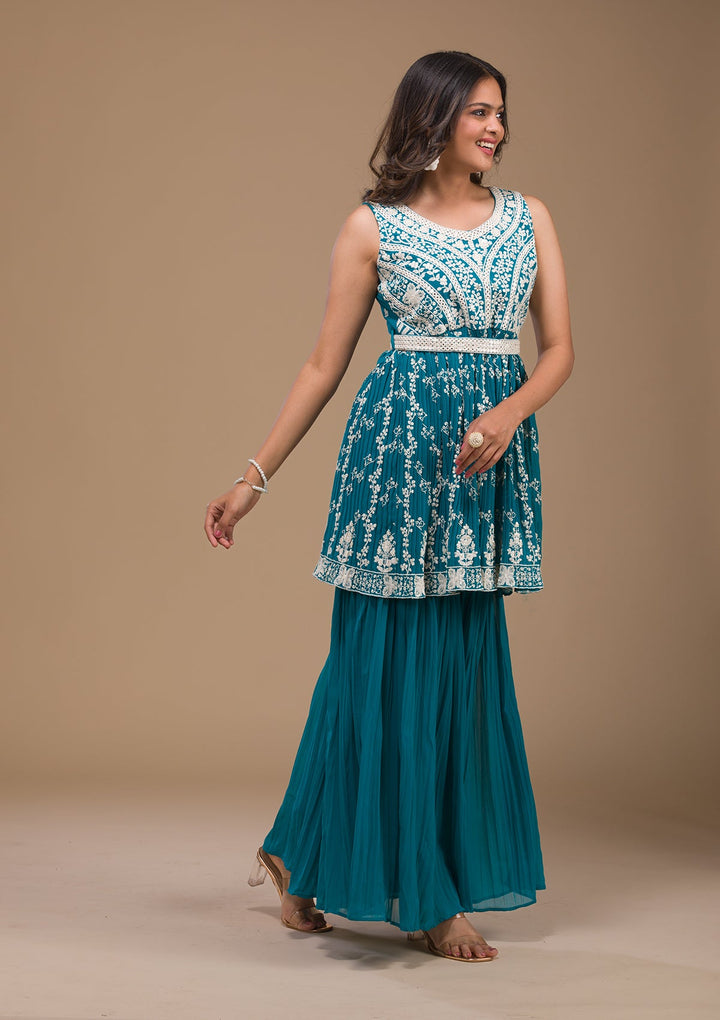 Turquoise Blue Threadwork Georgette Readymade Salwar Kameez-Koskii