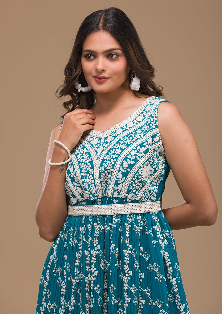 Turquoise Blue Threadwork Georgette Readymade Salwar Kameez-Koskii