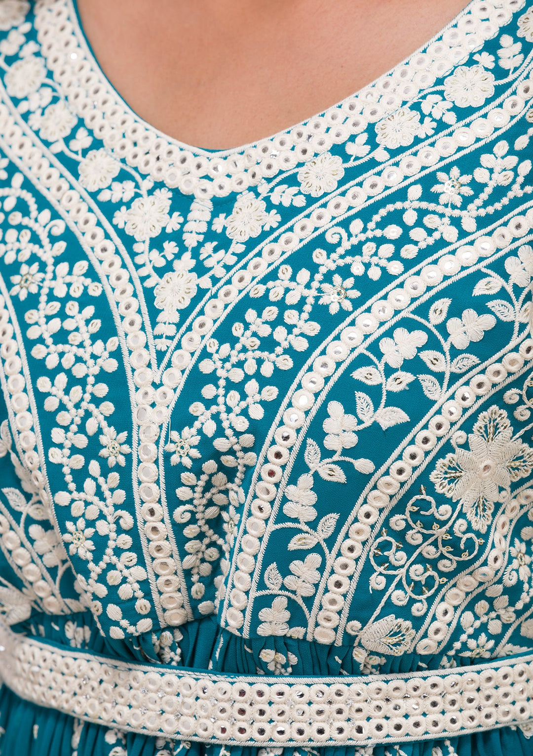 Turquoise Blue Threadwork Georgette Readymade Salwar Kameez-Koskii