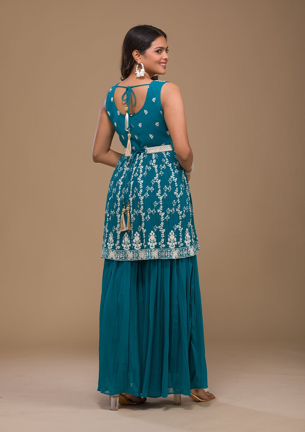 Turquoise Blue Threadwork Georgette Readymade Salwar Kameez-Koskii