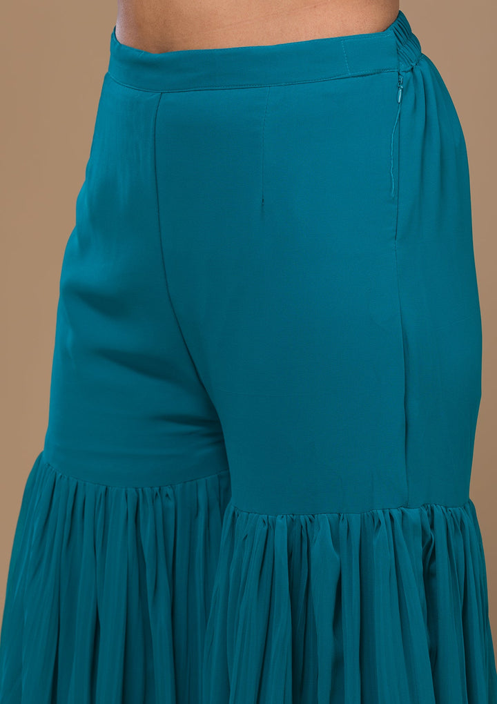 Turquoise Blue Threadwork Georgette Readymade Salwar Kameez-Koskii