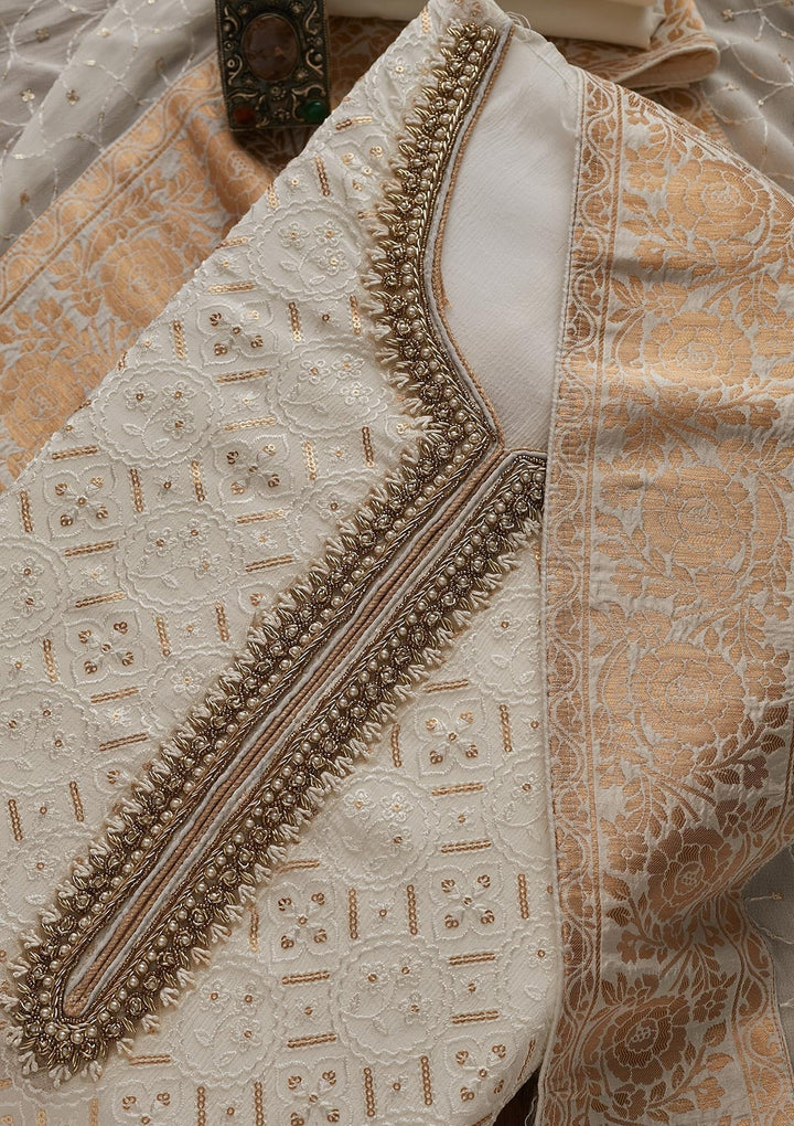 White Sequins Georgette Designer Unstitched Salwar Suit - Koskii